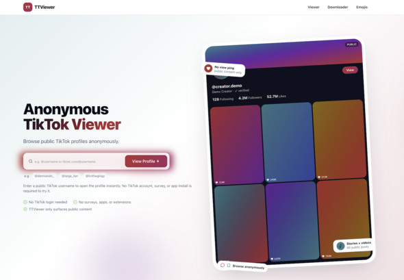 TTViewer homepage showing an anonymous TikTok viewer search box and public profile preview